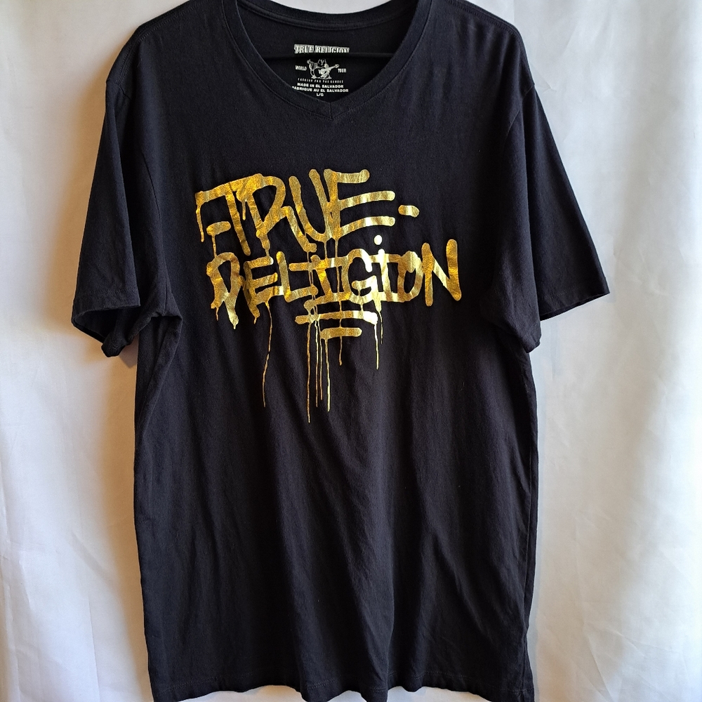 True Religion Men's Lg Black Tee With Gold Graffiti Graphic Y2K summer casual